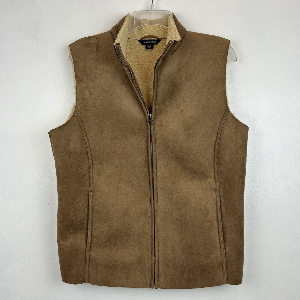 Lands End Vest Womens M Beige Faux Suede Sherpa Lined Full Zip Western Cowgirl